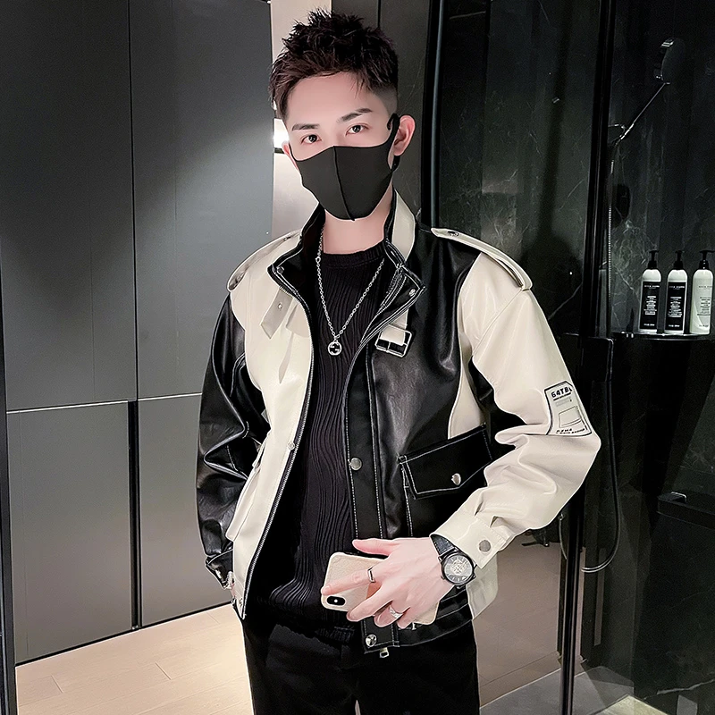 GUNEBOLURWA潮牌拼色PU皮衣外套男春秋款潮流休闲新款夹克上衣