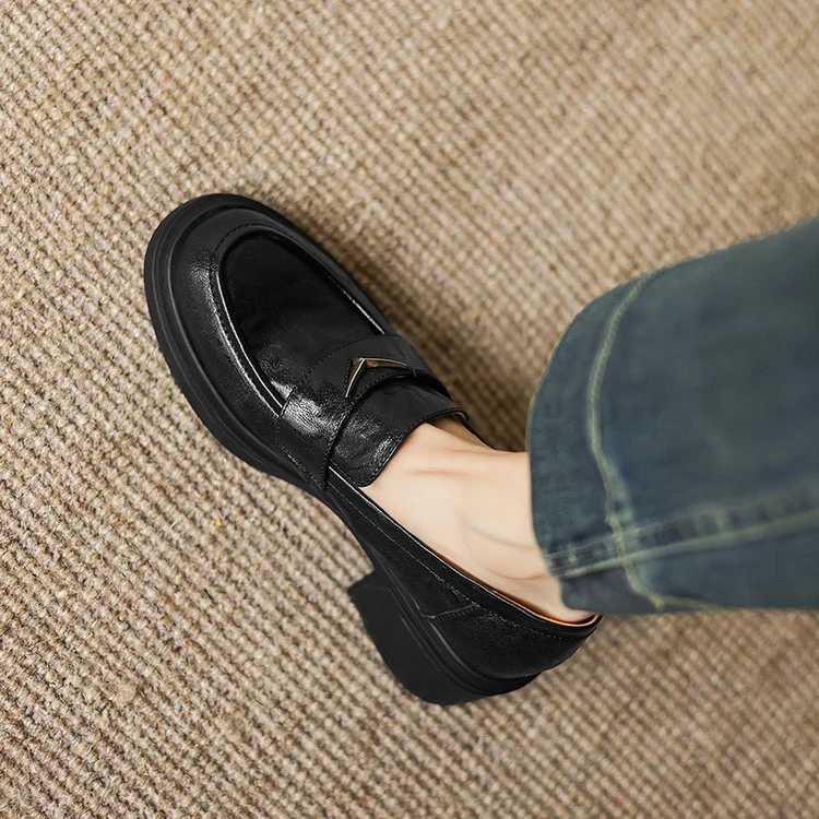 里外纯皮～头层羊皮5cm圆头中很乐福鞋百搭女深口单鞋春秋简约粗跟