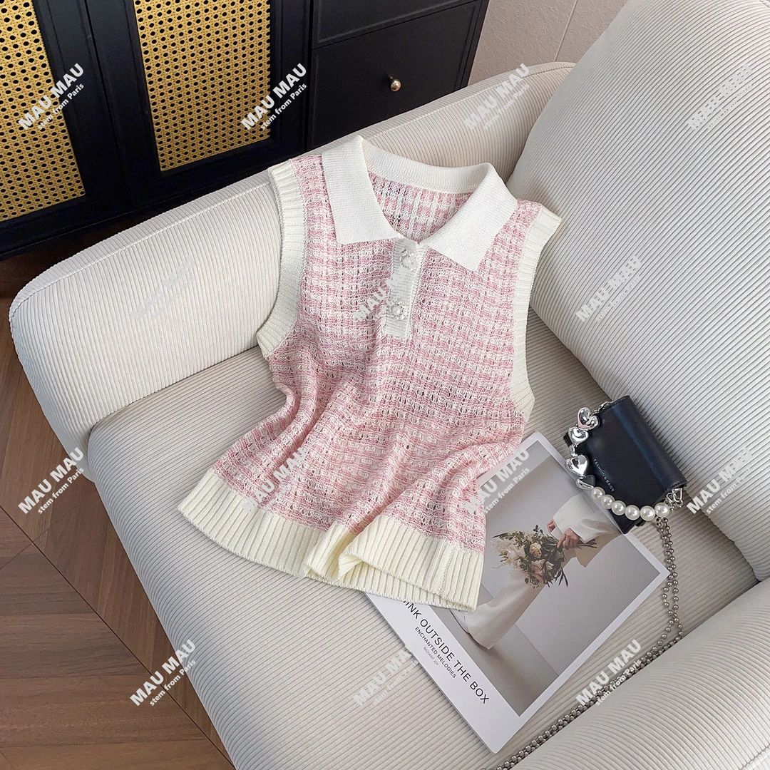 翻领针织衫女夏季新款时尚气质修身显瘦无袖上衣 DY7685