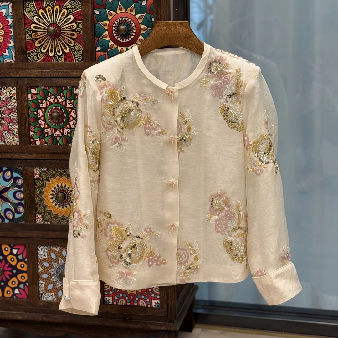 【雾缕】新中式桑蚕丝重工刺绣手工钉珠外套时尚国风小立领长袖上衣