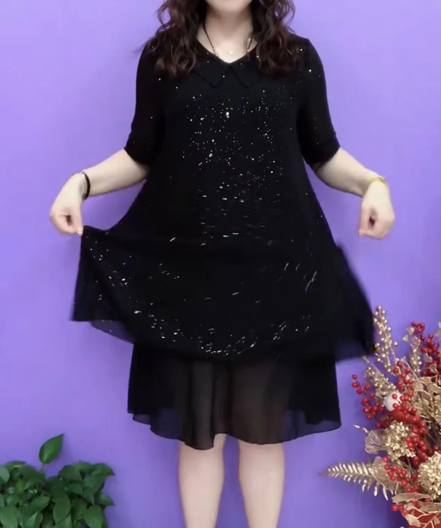 2025夏季时尚洋气款加肥加肥码纯色娃娃领短袖星空连衣裙宽松遮肉