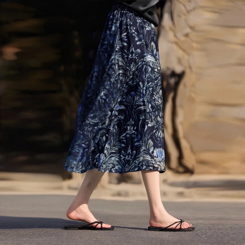 天丝亚麻玄锦纱琉璃光泽鸢尾蓝法式伞裙夏季薄款a字裙中长款半裙