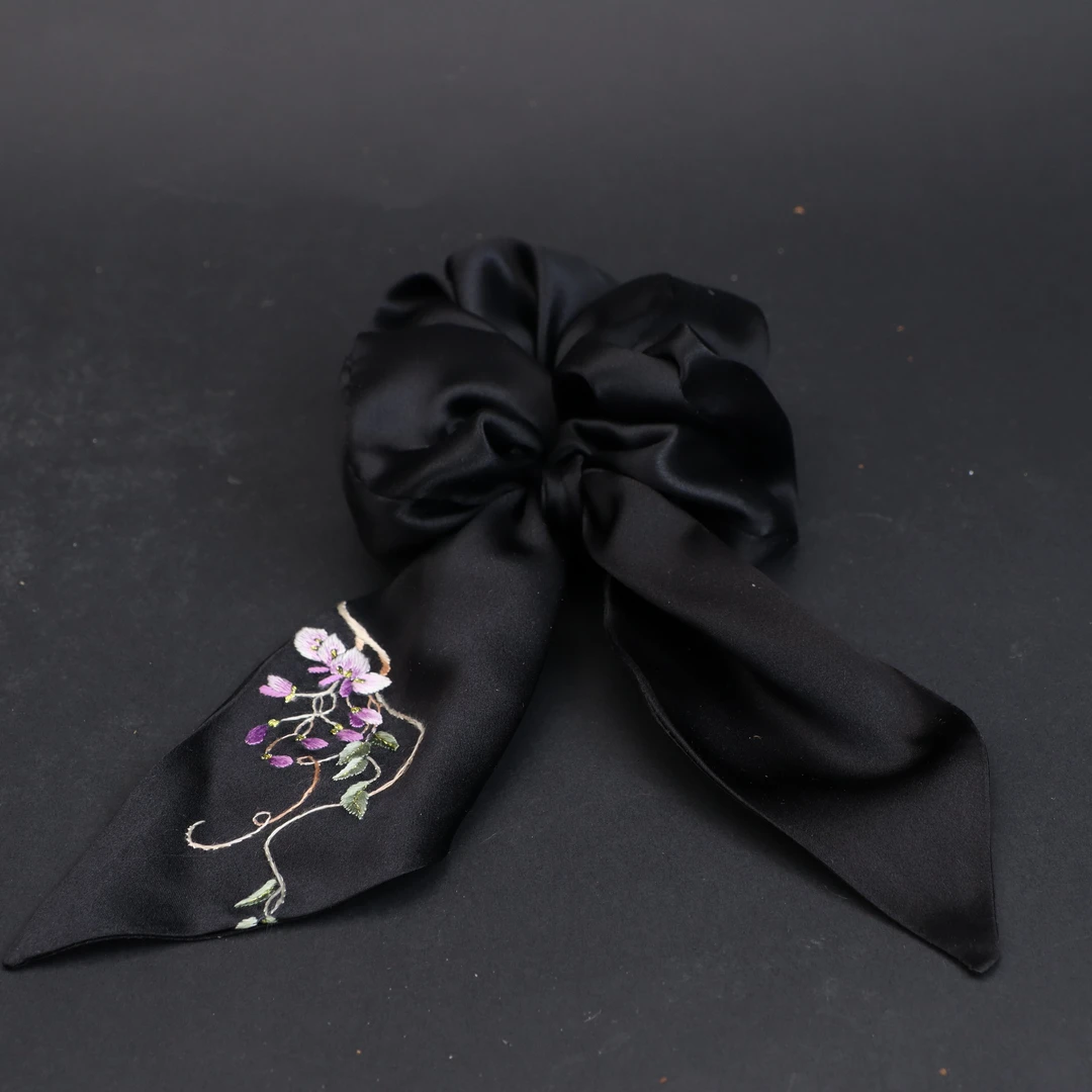 非遗苏绣桑蚕丝黑色发圈发带苏绣紫藤