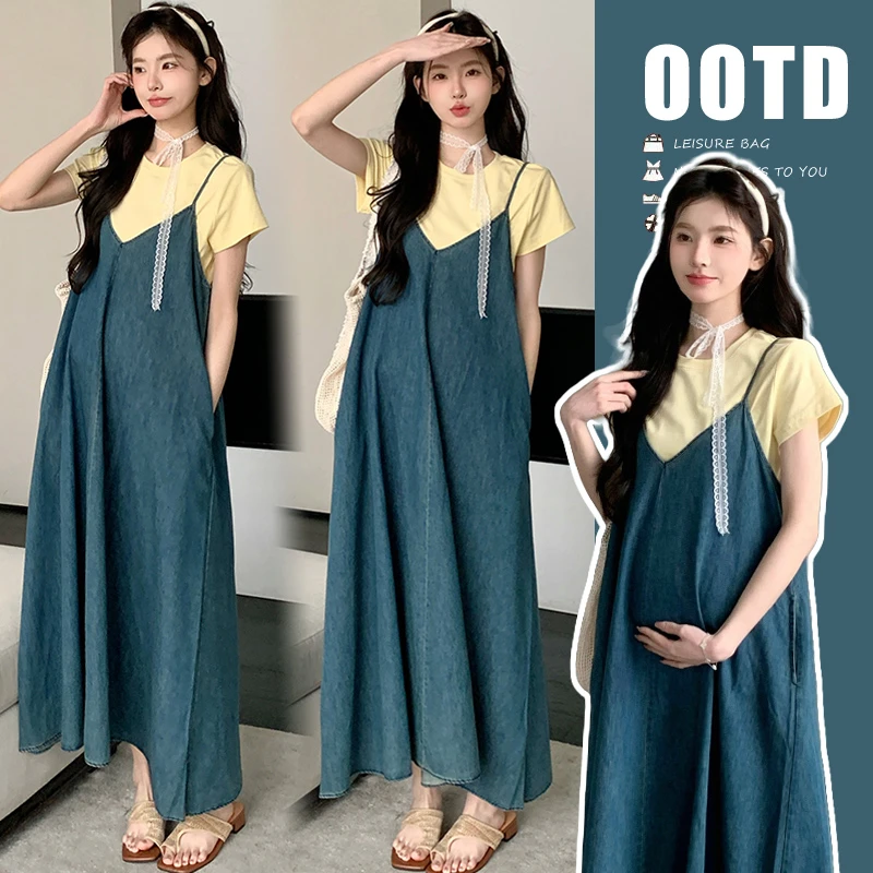 XIAOBU~孕妇装2025夏季新品奶油黄上衣+韩版牛仔背带裙孕妇两件套