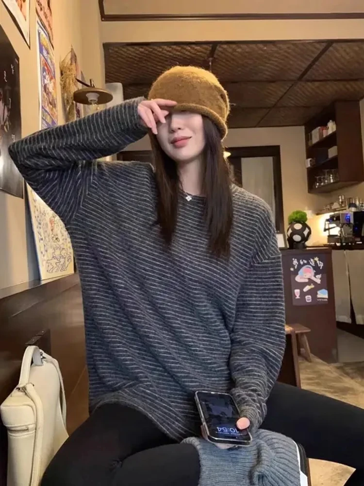 海盐奥利奥慵懒风磨毛绒加厚条纹T恤女2025秋冬宽松休闲上衣0970