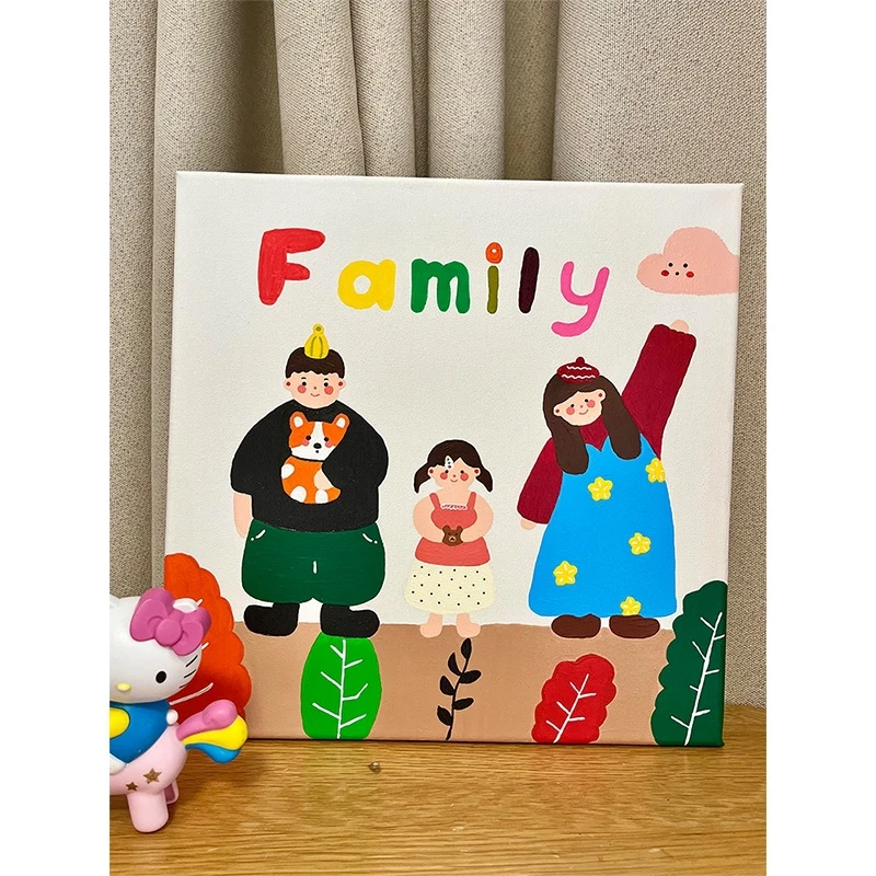 全家福多巴胺一家三口卧室床头装饰画大芬村艺术温馨治愈卡通挂画