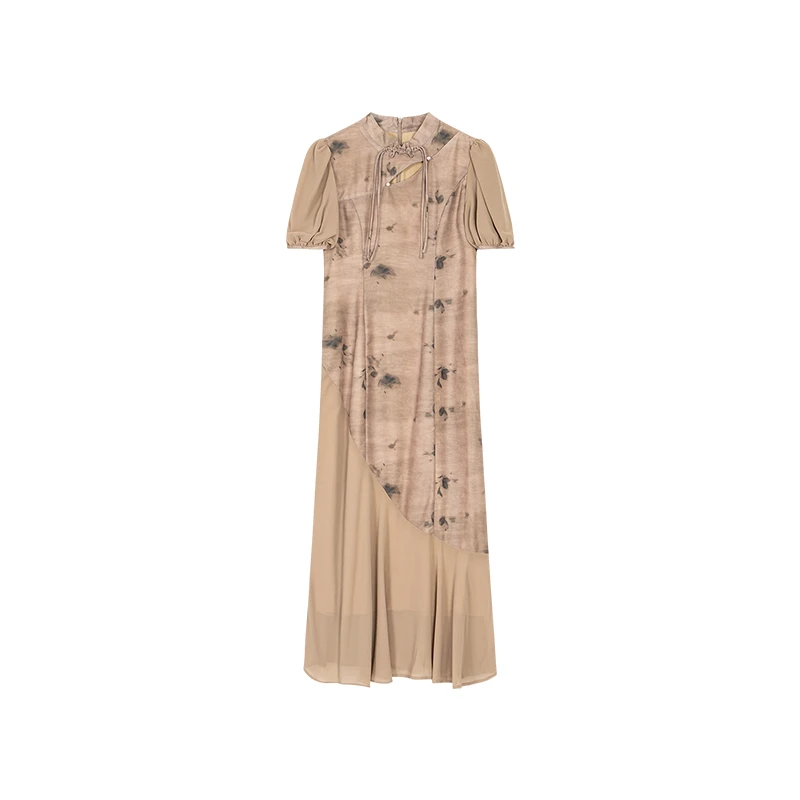 无艳一禾【花漫里】新中式浪漫印花拼接设计立领旗袍裙子连衣裙