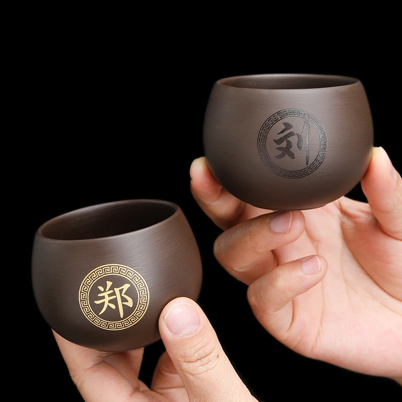 紫砂茶杯个人专用百家姓刻字描金主人杯功夫泡茶盏杯大容量品茗杯