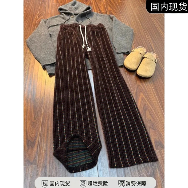 小香风编织毛绒休闲直筒裤复古灯芯绒裤子男冬季加厚条纹弯刀卫裤