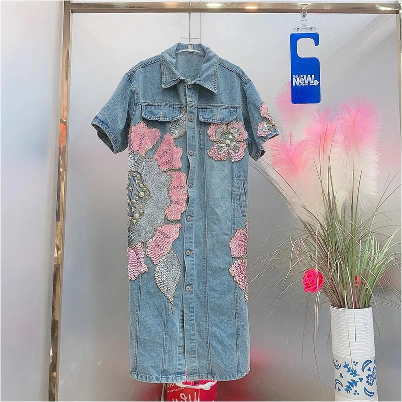 X19965欧美风设计师2024夏季新款重工钉钻刺绣花朵时尚牛仔连衣裙