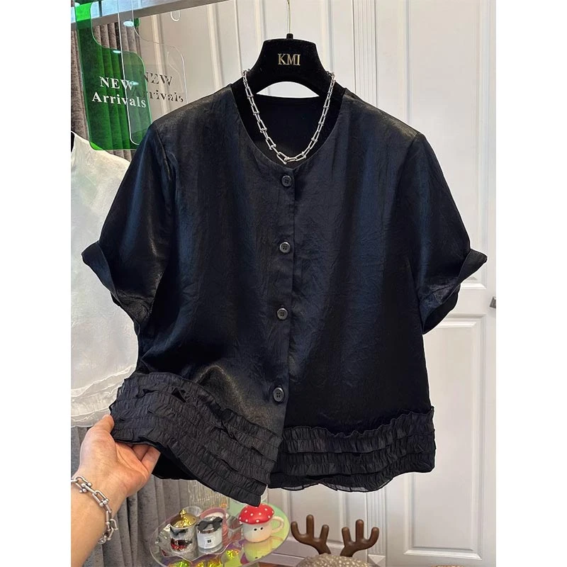 法式木耳边短袖衬衫女装2025年夏季新款遮肉百搭宽松纯色薄款上衣
