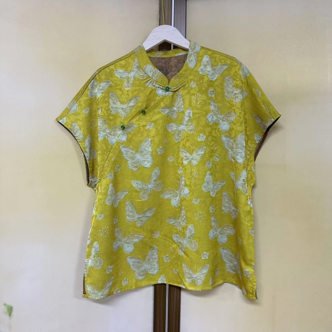 明黄白蝴蝶斜襟立领小衫