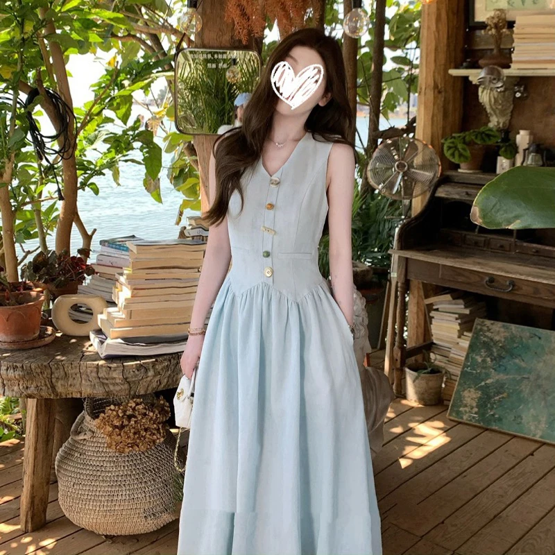 2025法式无袖连衣裙子女夏季小个子香风气质收腰海边度假长裙2977