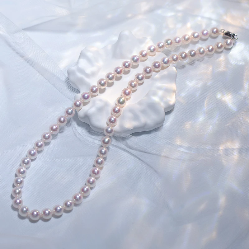 AKOYA海水珍珠项链天女级别7-7.5mm带大证真科研证书极光日常