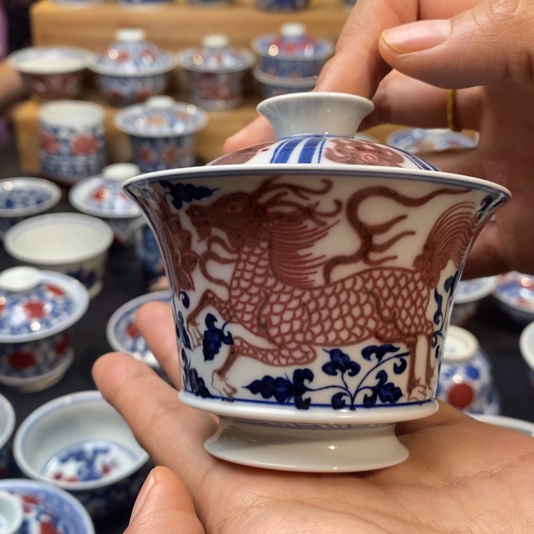 双麒麟盖碗盖碗手绘原矿柴窑