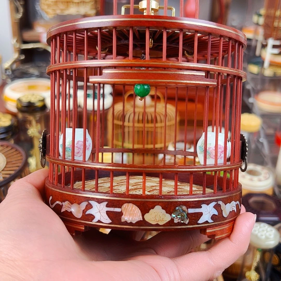 木李****室血檀贝壳大圆笼➕瓷罐➕两个仿真小鸟