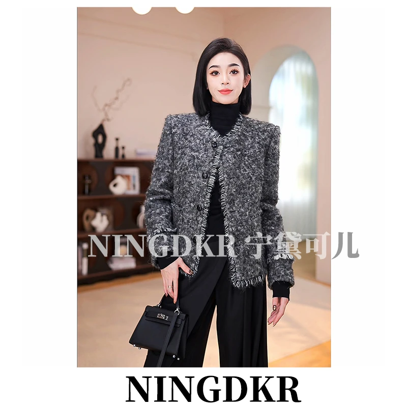圳B41347宁黛可儿高级感轻奢圈圈羊毛呢小香风外套女显瘦流苏