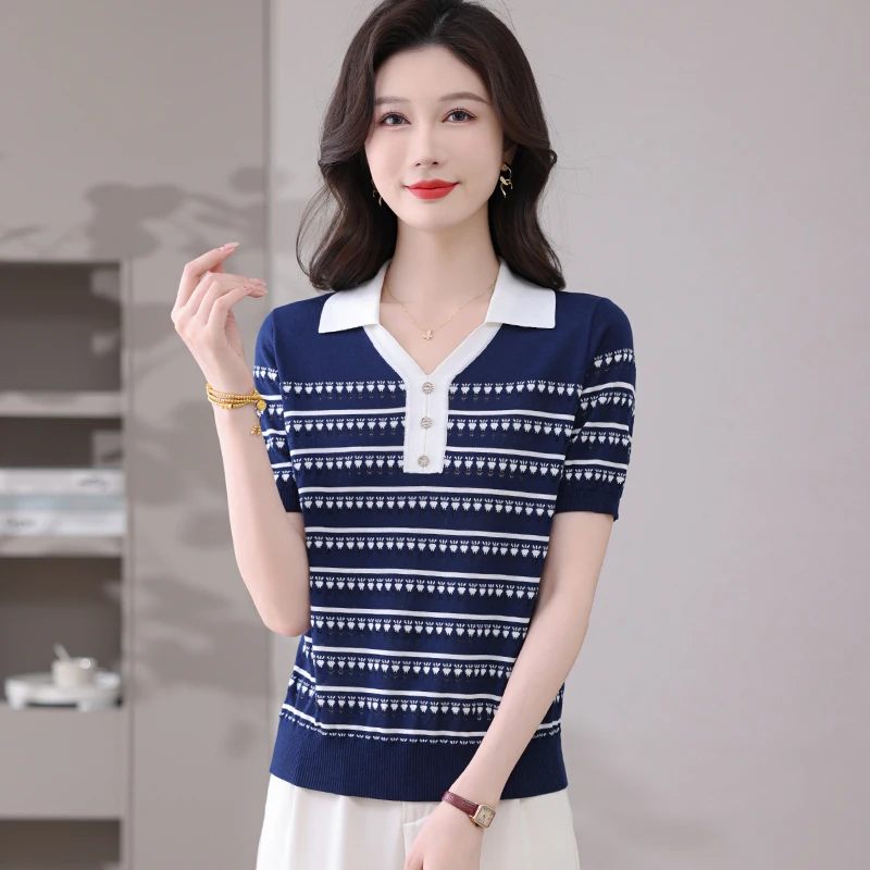 哥弟阿玛施正夏装新款冰丝Polo翻领短袖t恤女条纹针织桑蚕丝上衣