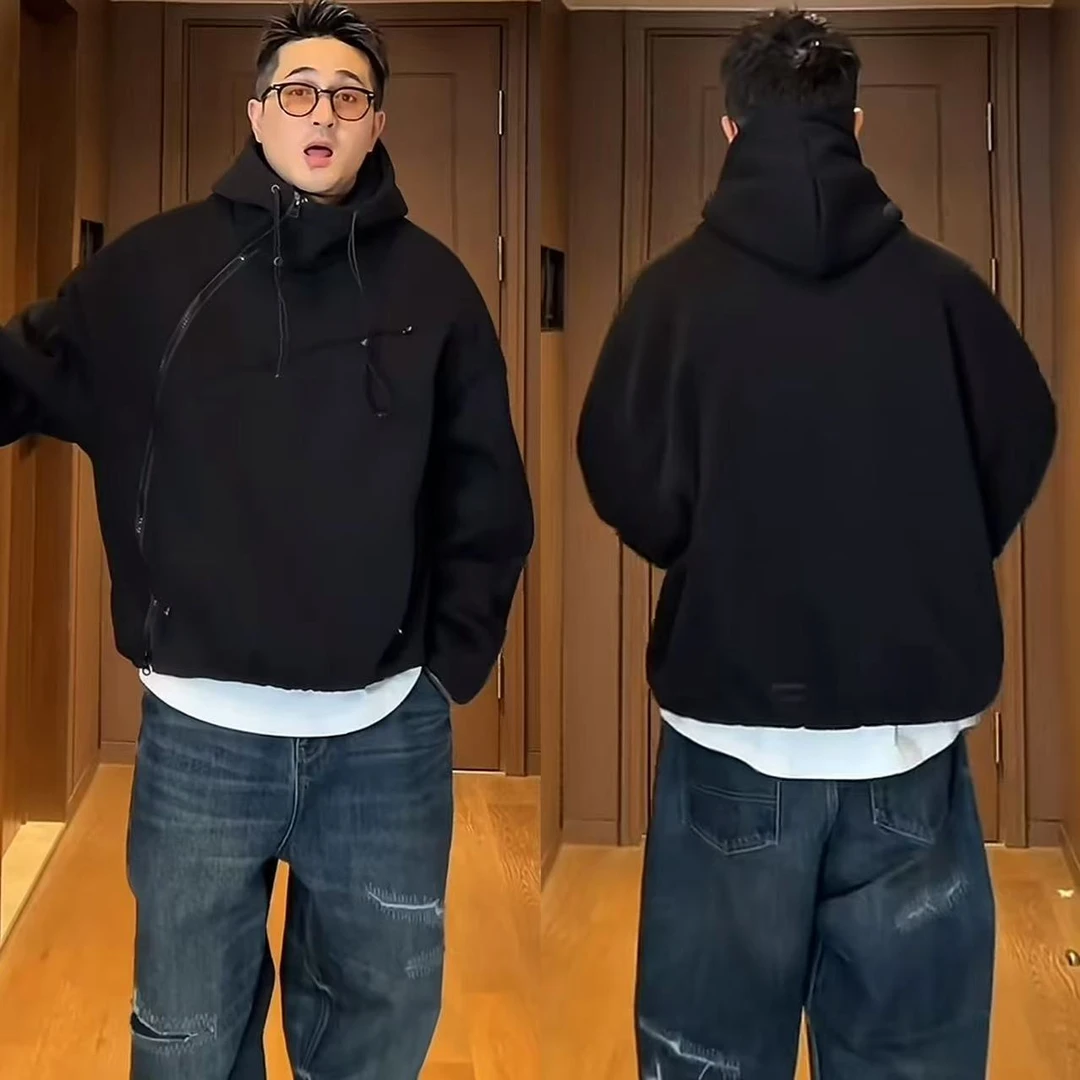 【到位二狗】新款双拉链男士时尚简约百搭纯色宽松加厚连帽卫衣外套