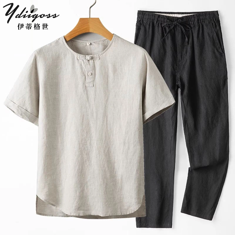 YDIIGOSS纯亚麻短袖t恤男套装夏季宽松薄款上衣中国风长裤两件套