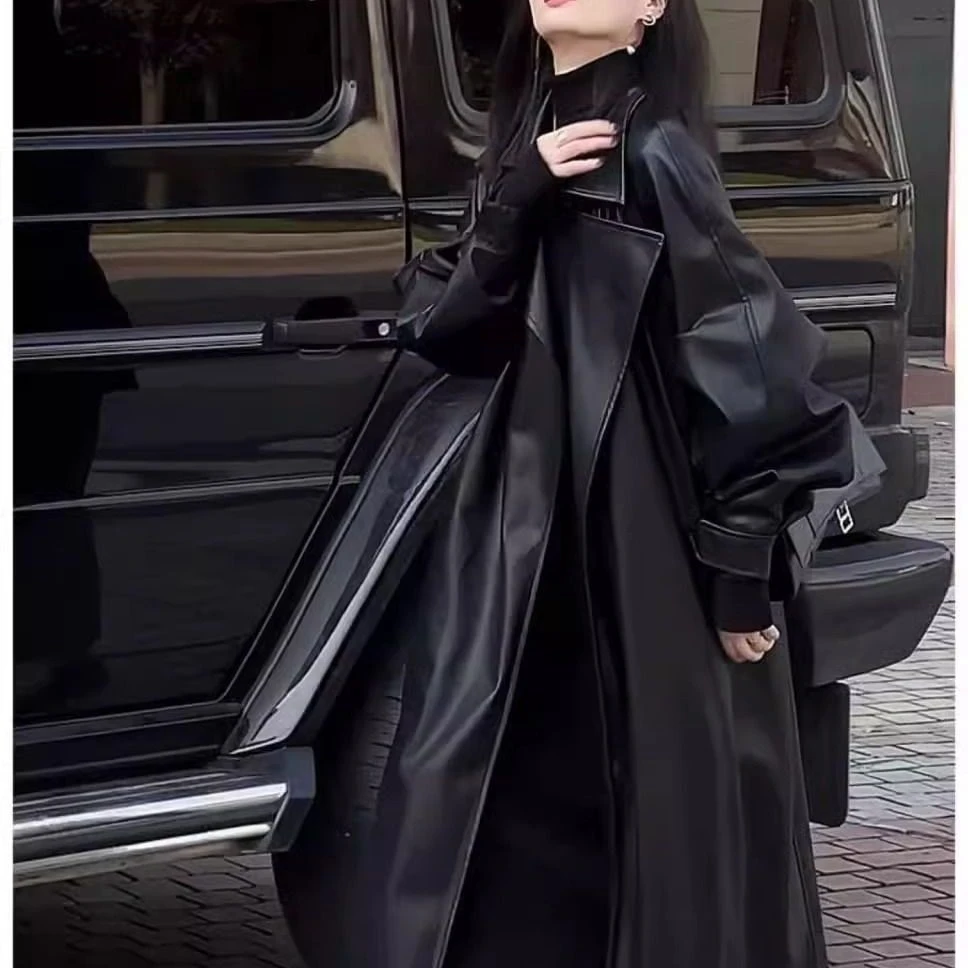 新款高端时尚潮流过膝皮衣外套女高级感暗黑气质时髦大衣