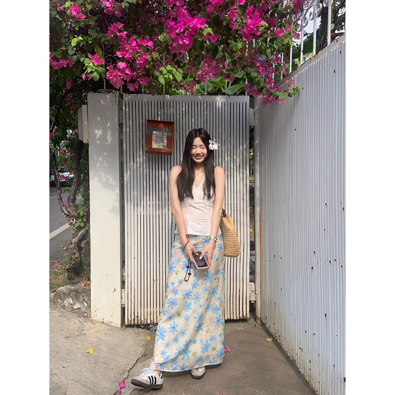 王少女的店 蓝色a字印花半身裙春夏季小清新百搭长裙子 B31727S51