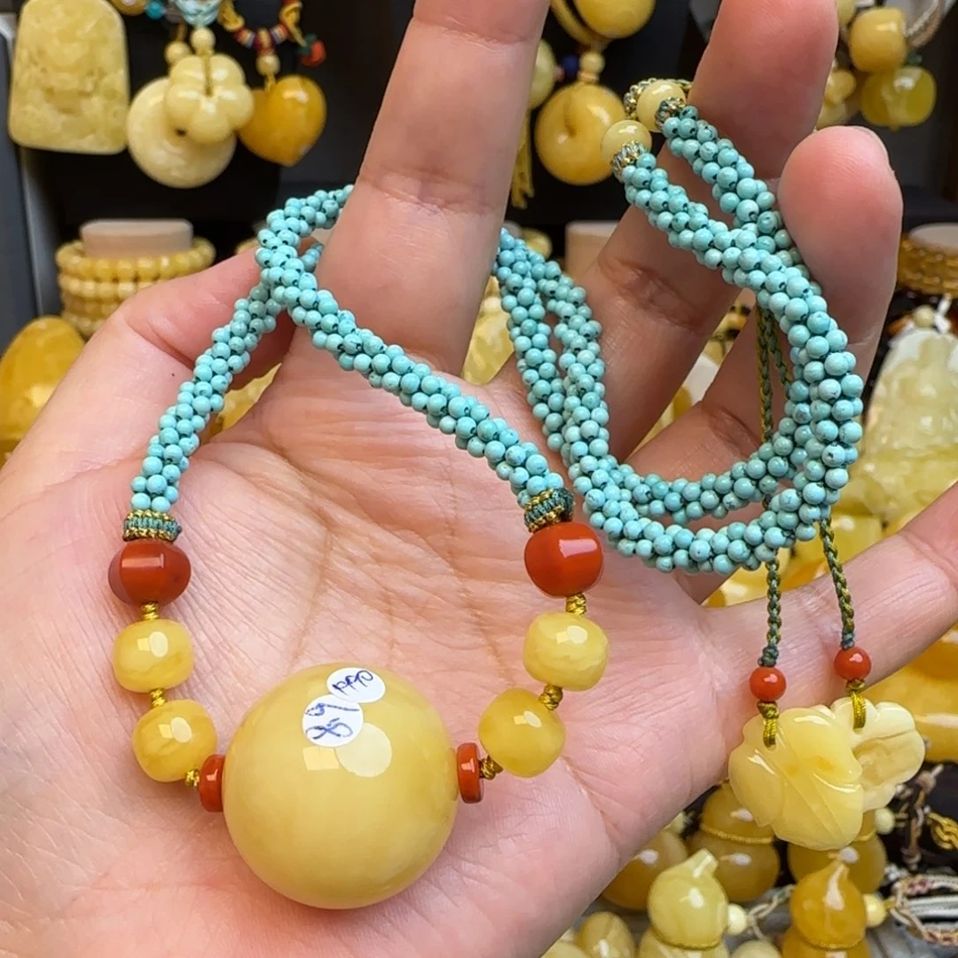 琥珀套链未镶嵌天然俄料浓白蜜蜡圆珠锁骨
