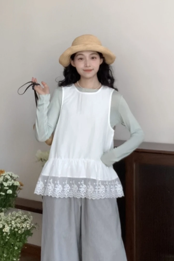 2168 “白桃”不含内搭～法式拼接蕾丝花边叠穿无袖背心