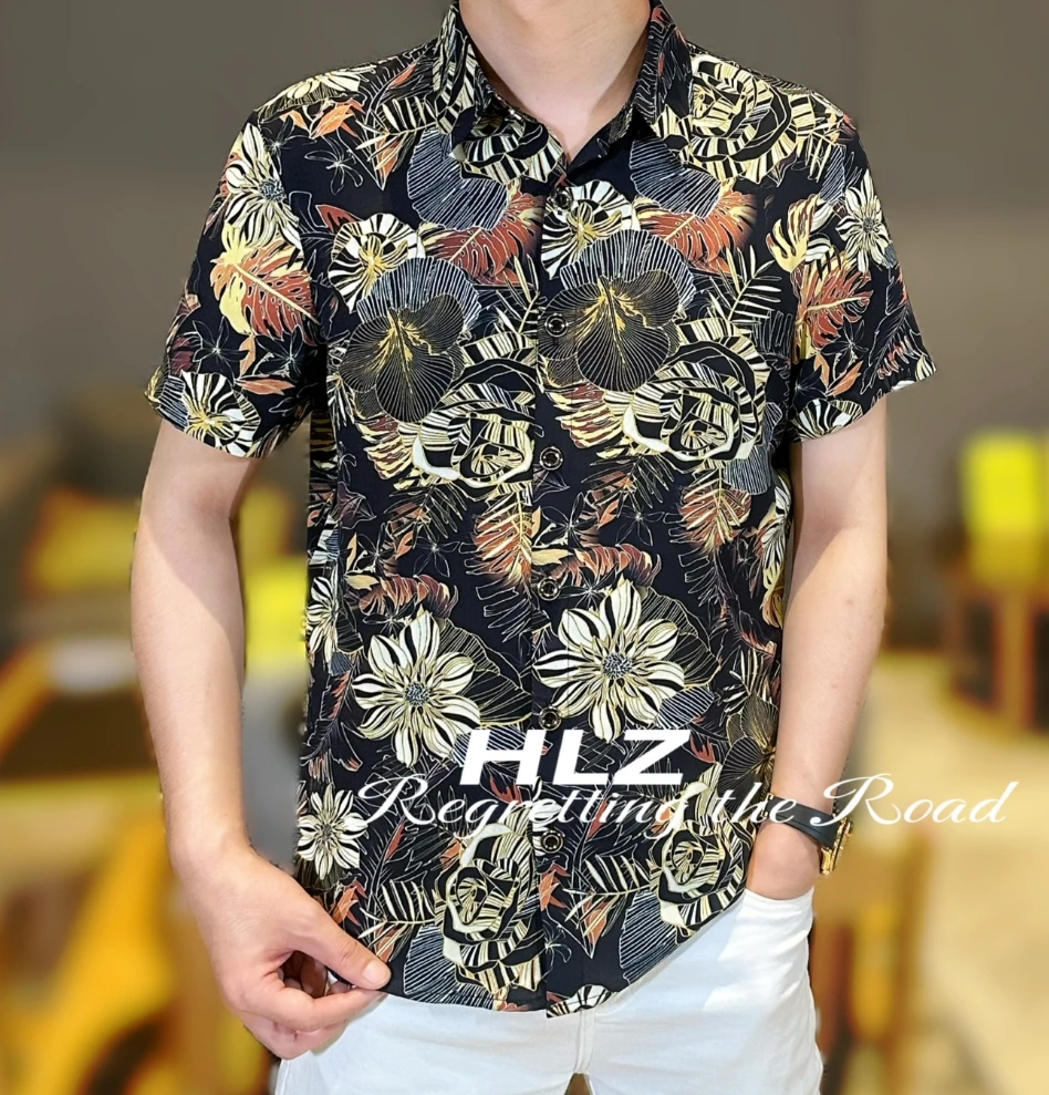 2025夏季新款男士时尚个性休闲时尚花朵图案纽扣款翻领短袖衬衫