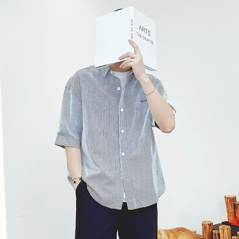 夏季新款条纹衬衫男短袖宽松休闲上衣男士高级感痞帅衬衣潮流穿搭