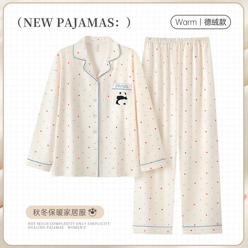 韩系女长袖可爱小熊德绒睡衣秋冬季加厚家居服