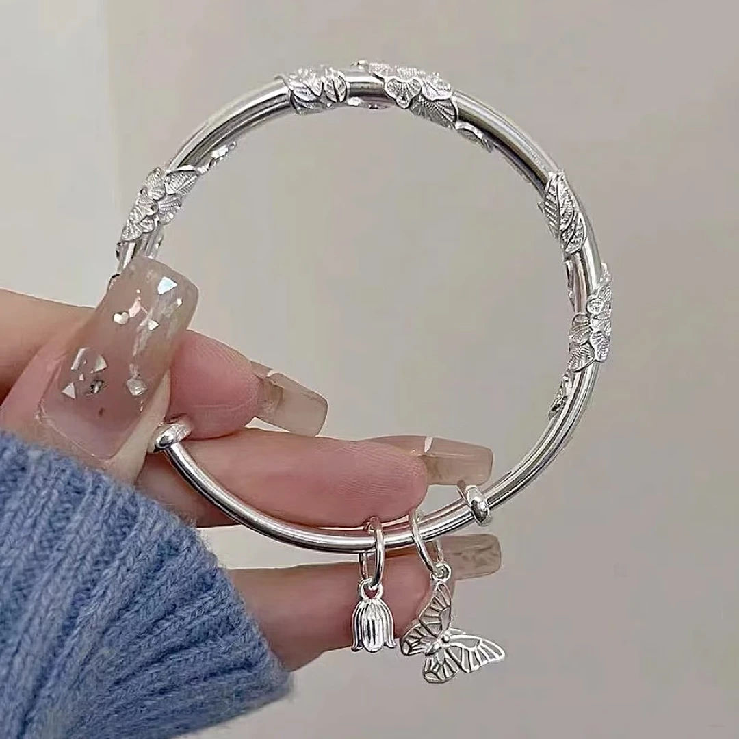 足银手镯 【501】手镯足银繁花似锦花蕊蝴蝶实心推拉款不褪色不敏敏