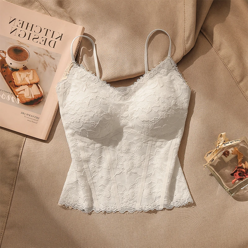 辣妹性感蕾丝V领吊带背心女夏修身内搭带胸垫高级感外穿抹胸上衣