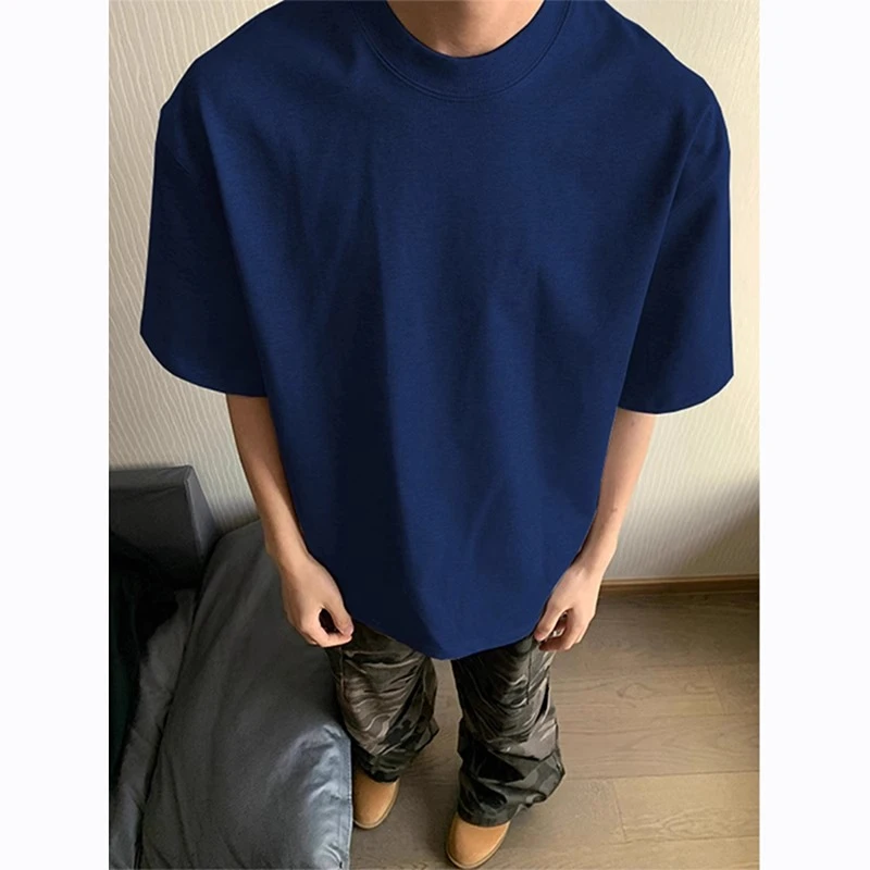 藏青色美式复古短袖男款夏季重磅硬挺正肩t恤cleanfit内搭五分袖