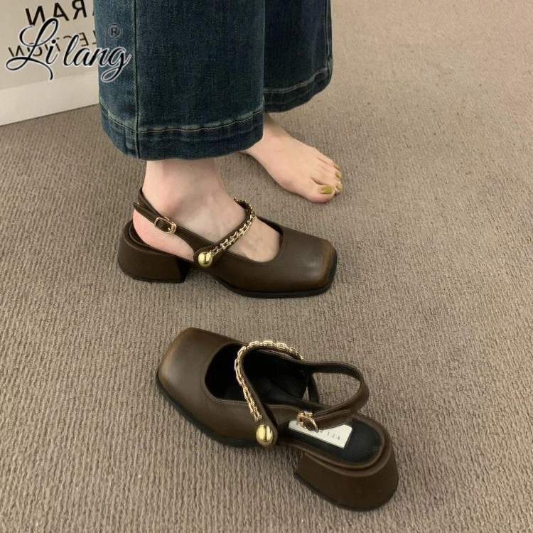 英伦风包头凉鞋女粗跟高跟鞋2025年夏季新款方头玛丽珍单鞋小皮鞋