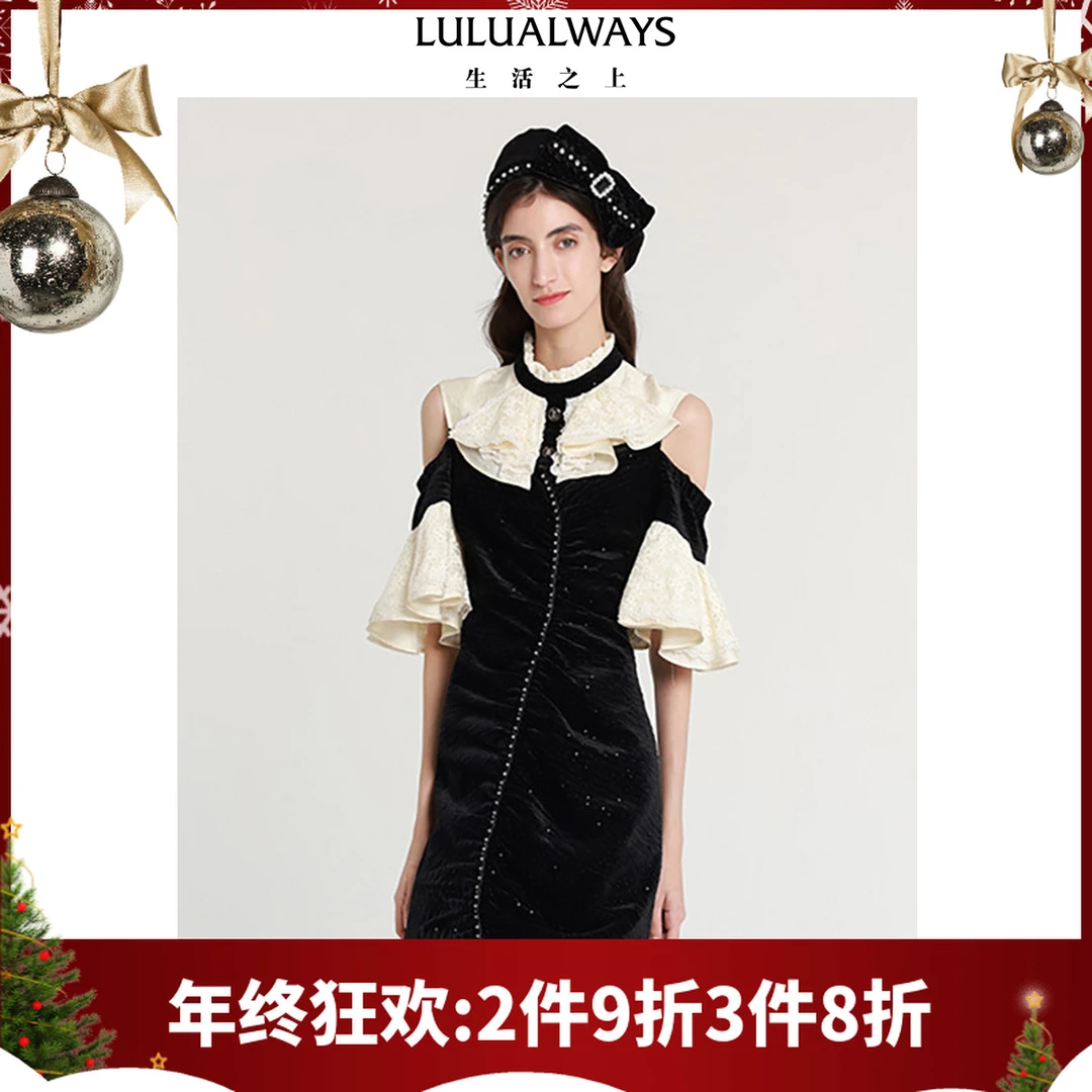 LULUALWAYS新款气质小众露肩小心机短款丝绒连衣裙LOD5021