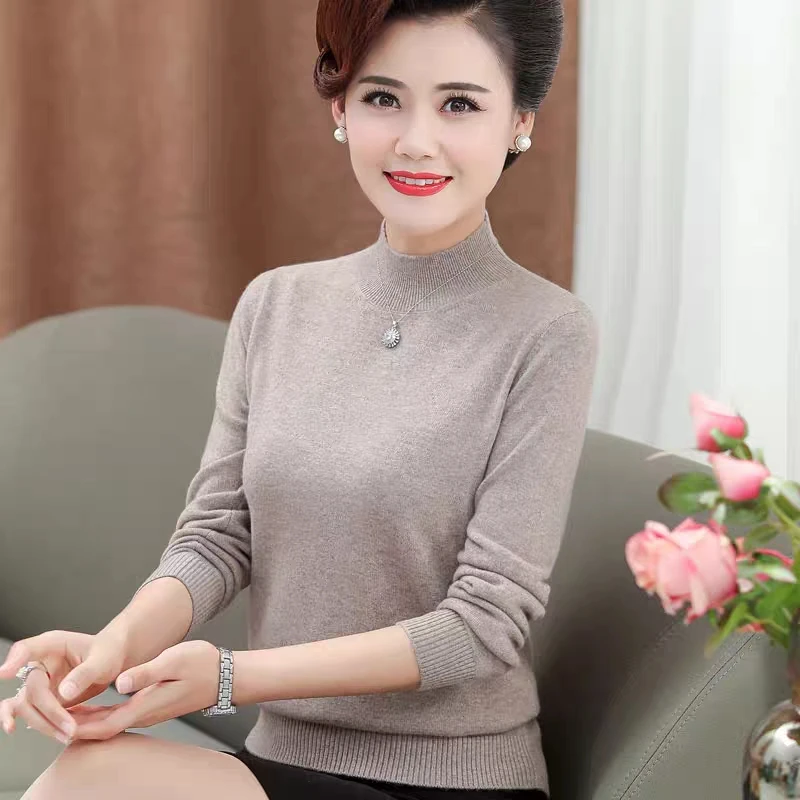 羊毛衫女100纯羊毛中年妈妈冬季打底衫中老年女装秋冬半高领毛衣