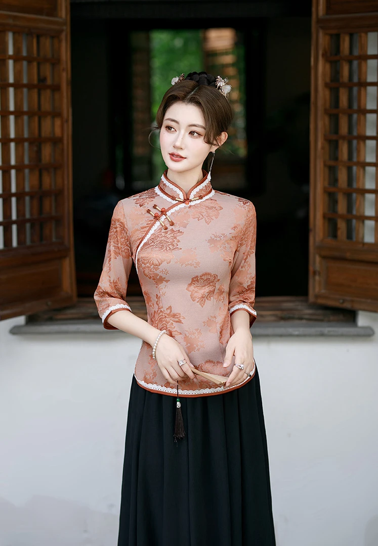 金粉世家中国风夏季薄款七分袖提花复古中式立领旗袍女款日常上衣