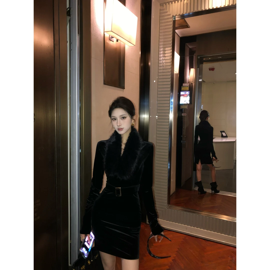 可拆卸毛毛领口修身含腰带连衣裙短裙设计感小众女人味套装01023