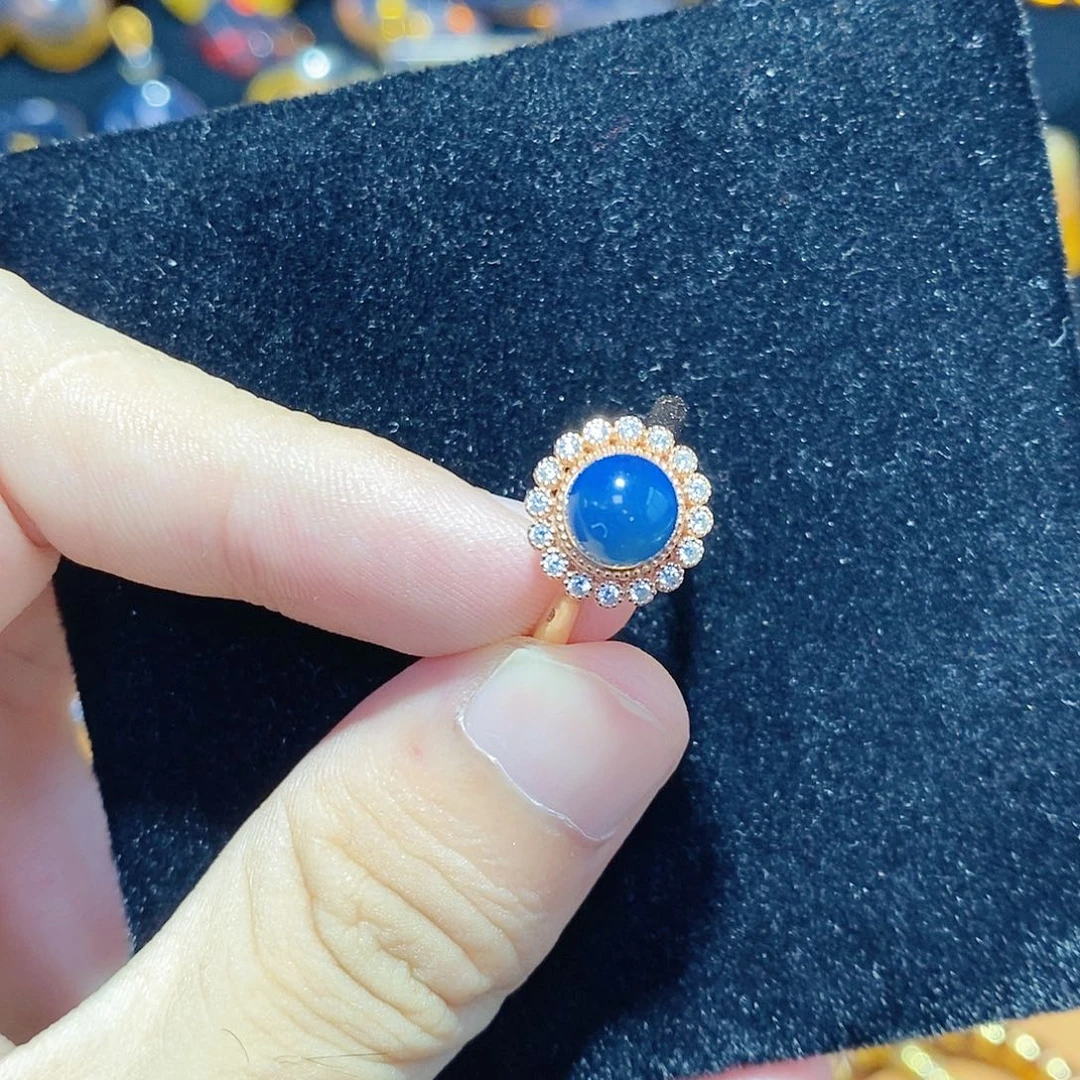 啾***福蓝珀银S925镀金镶嵌珠宝奇石多米银戒