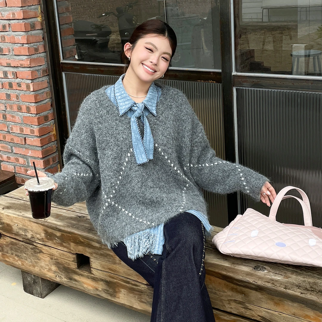 大码胖mm学院风毛衣常规款翻领时尚减龄长袖常规极简风宽松上衣