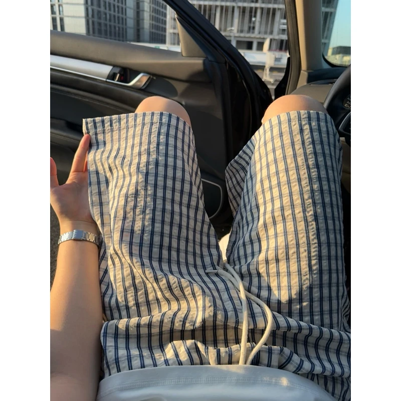 蓝色泡泡纱格子短裤男夏季薄款拼接设计感直筒裤子休闲阔腿五分裤
