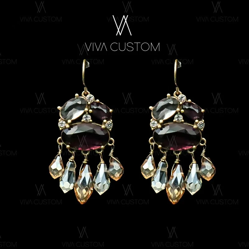 铜合金合成锆石耳饰 宫廷风暮夜幻彩流苏耳坠