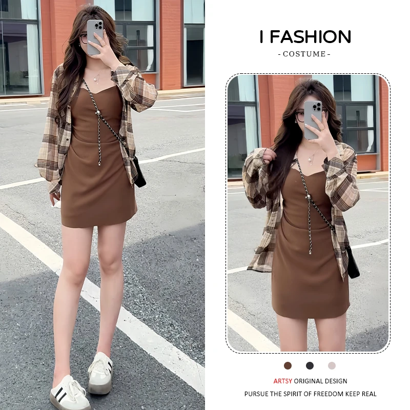 小个子复古时尚套装女2025年夏季新款百搭格纹衬衫吊带裙两件套
