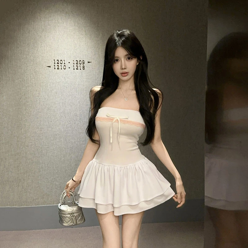 夏季新款纯欲风甜辣性感蝴蝶结减龄收腰花边抹胸连衣裙蛋糕蓬蓬裙