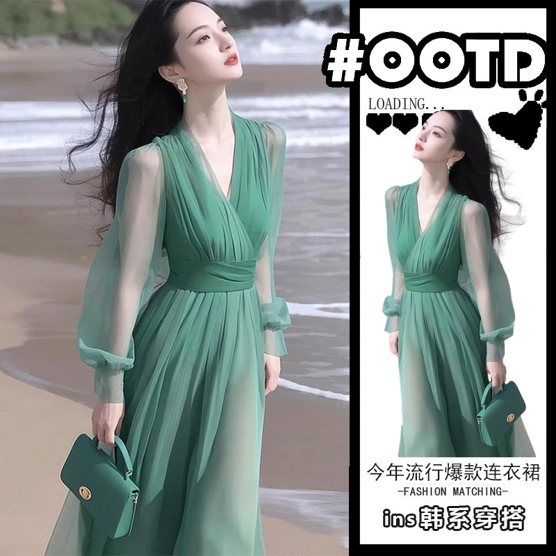 时髦精气质穿搭高端精致收腰裙轻奢高级感御姐风情万种绿色连衣裙