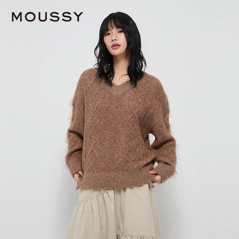 MOUSSY2025早春新款v领格纹毛绒保暖毛针织衫02AZ70-1451