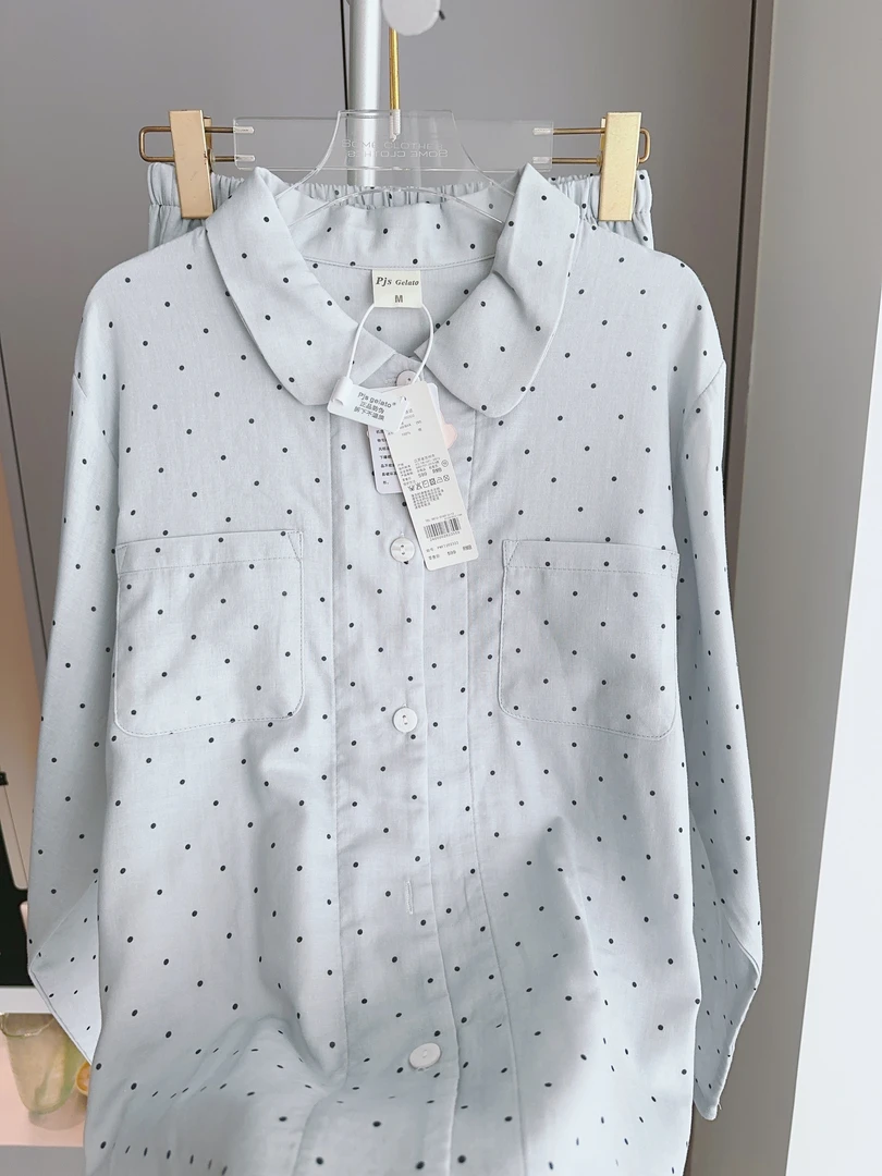 秋新品100棉双层纱睡衣精梳棉纱套装长袖长裤