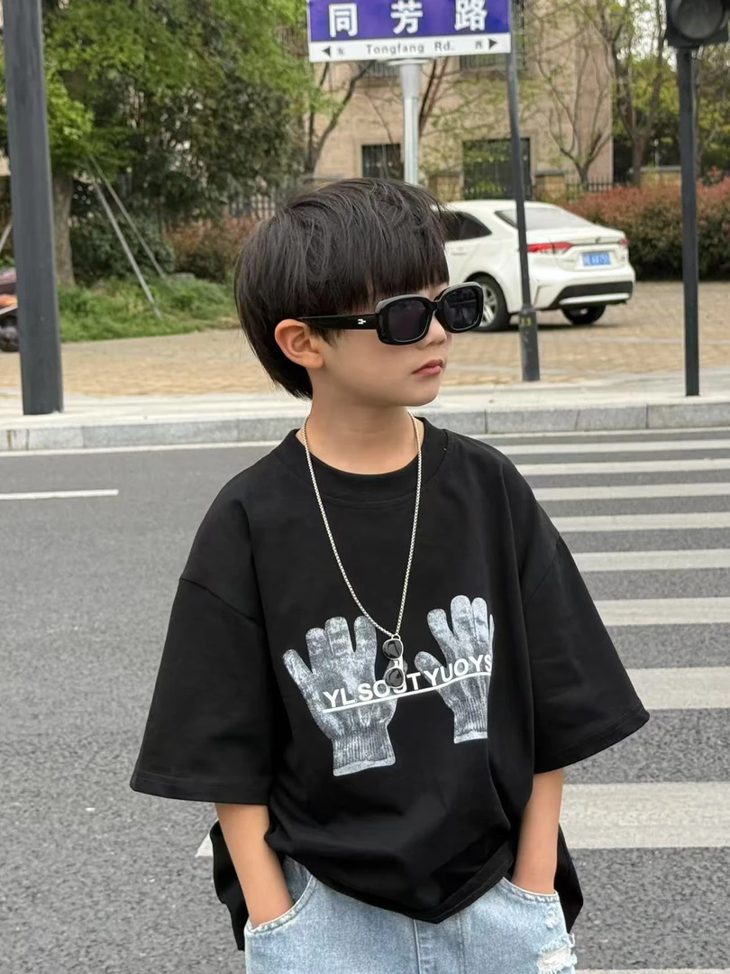 儿童T恤宽松百搭手套印花时尚韩版黑色半袖潮流中大童夏季86032