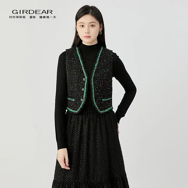 哥弟 新款女装时尚优雅拼接撞色设计精致粗花呢小香风马甲140066